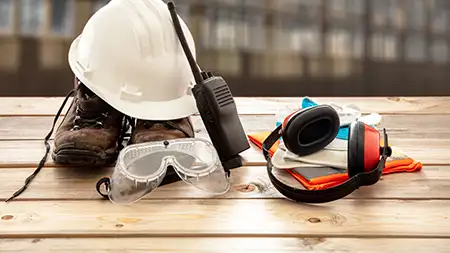 Bauhelm, Arbeitsschutzschuhe, Gehörschutz